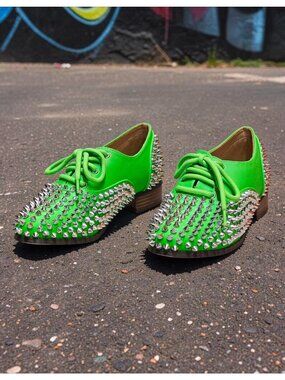 Studded Green Lace-Up Oxford Shoes With Silver Spikes & Wooden Heel